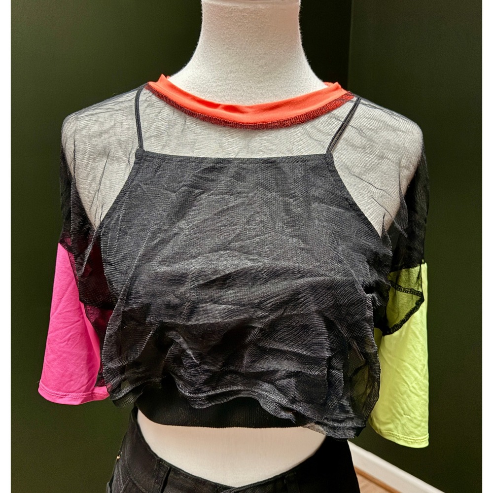 LOVE J Sheer Mesh Bright‎ Colorblock Sleeves Crop Top Women's XL